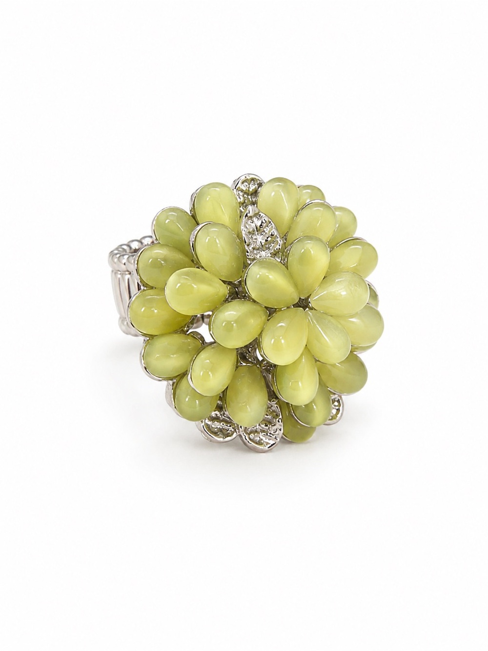 Green Floral Cluster Statement Stretch Ring Silver Tone Adjustable